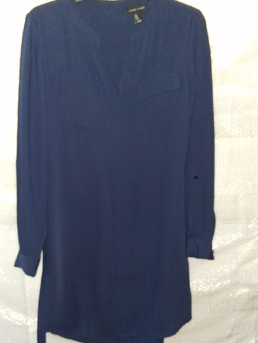 Adrienne Vittadini Navy Blue Long-Sleeve Tunic Shirt Dress with Chest Pockets - Picture 6 of 12